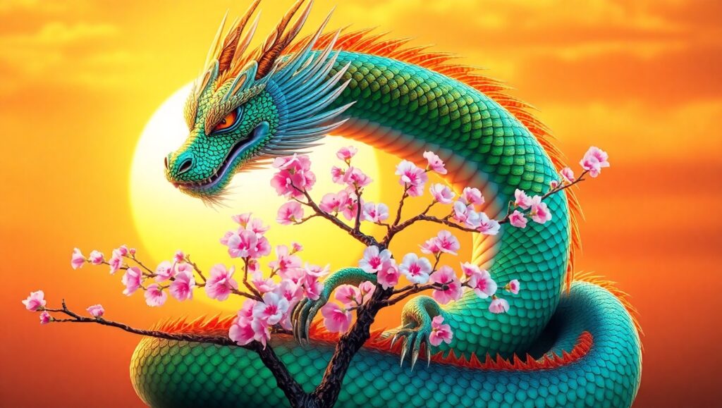 Dragon and Cherry Blossom Tattoo Design K0A – free AI stock image
