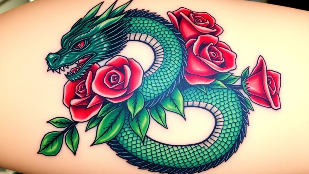 Dragon and Roses Tattoo Design fw4 – free AI stock image