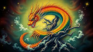 Dragon and Tree: Inked Harmony – free AI stock image