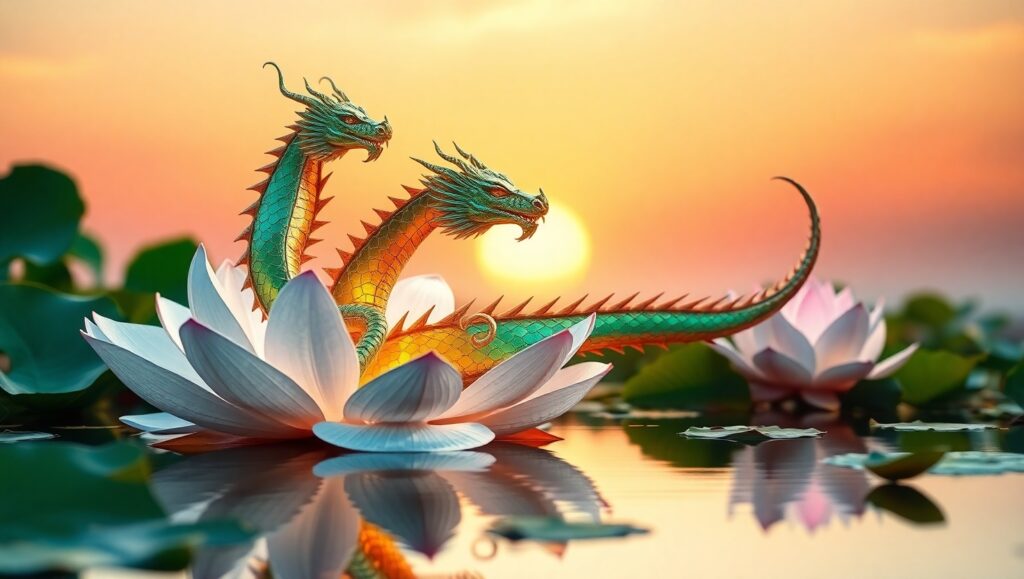 Dragon Emerges from Lotus Flower – free AI stock image