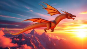Dragon Flight Over Geometric Peaks – free AI stock image