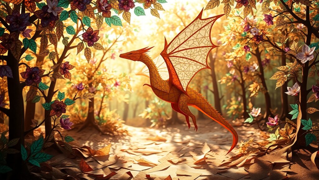 Dragon in a Paper Forest 2QU – free AI stock image
