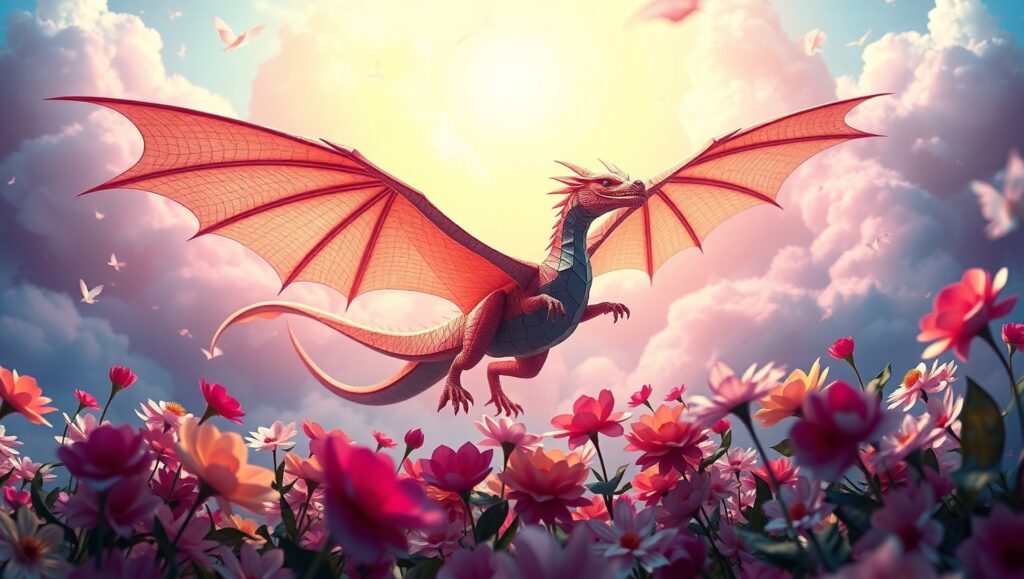 Dragon in a Sky of Paper Flowers – free AI stock image