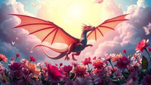 Dragon in a Sky of Paper Flowers – free AI stock image