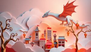 Dragon Over a Paper Cityscape – free AI stock image