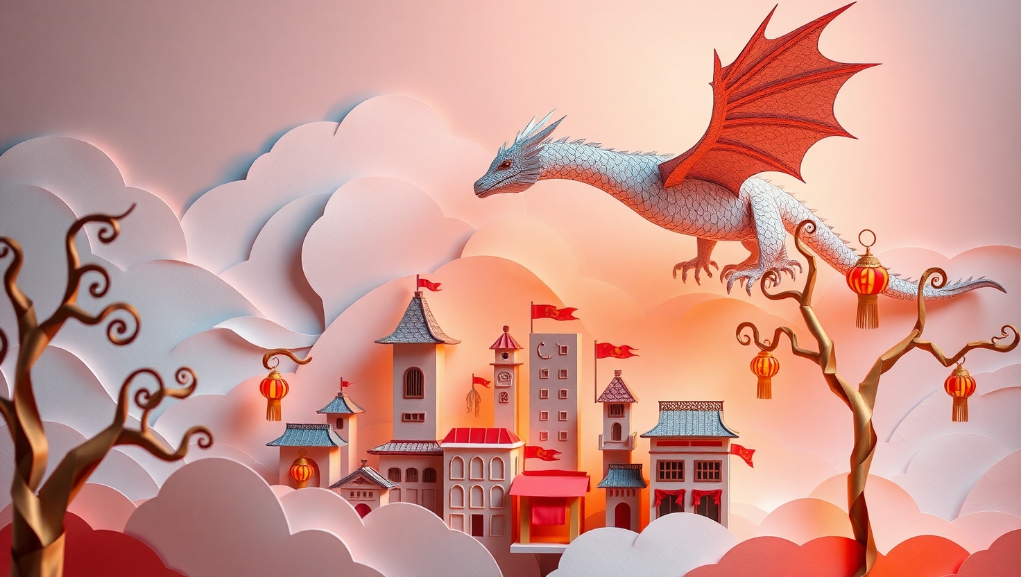 Dragon Over a Paper Cityscape
