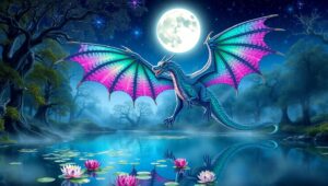 Dragon Over Enchanted Lake at Night – free AI stock image