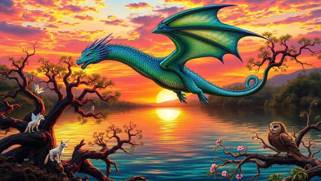 Dragon Over Enchanted Lake bhl – free AI stock image