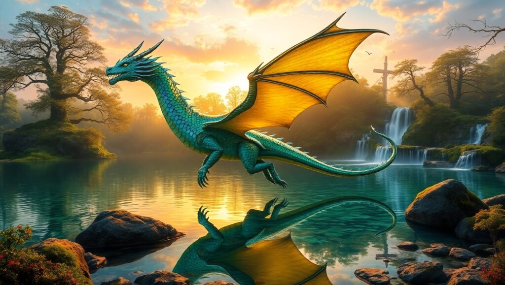 Dragon Over Enchanted Lake – free AI stock image