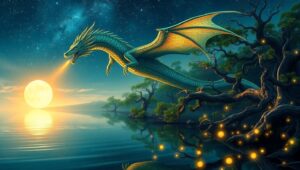 Dragon Over Enchanted Lake YTC – free AI stock image