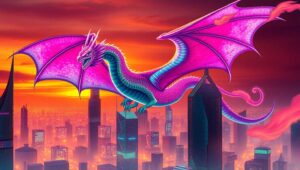 Dragon Over Futuristic Cityscape – free AI stock image