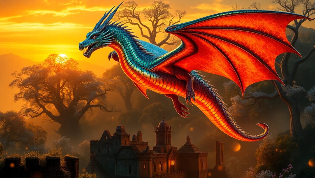 Dragon Over Mystical Forest at Sunset – free AI stock image