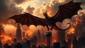 Dragon Over the Burning City – free AI stock image