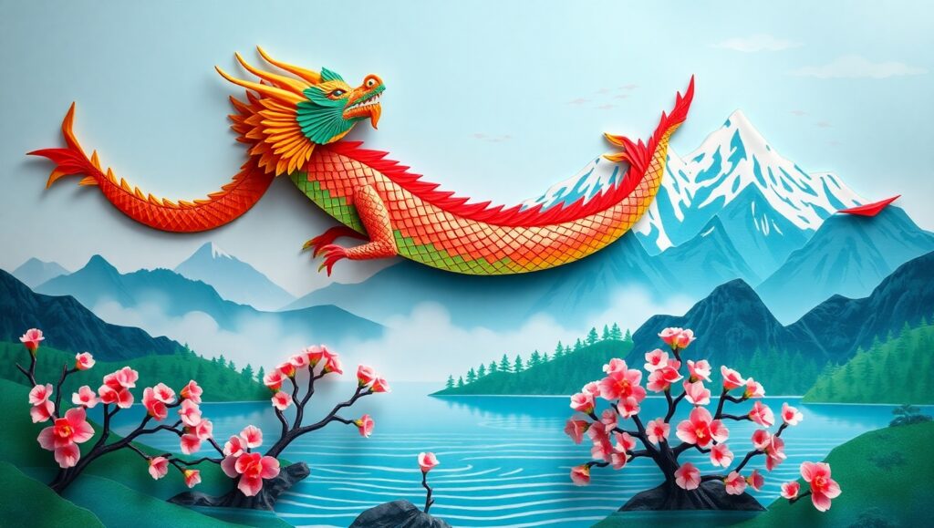 Dragon Over Tranquil Origami Landscape – free AI stock image