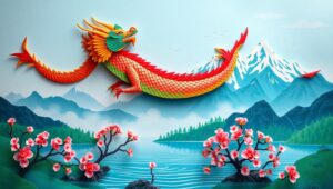Dragon Over Tranquil Origami Landscape – free AI stock image