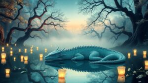 Dragon Reflection in Twilight Forest – free AI stock image