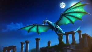 Dragon Soaring Over Ruins – free AI stock image