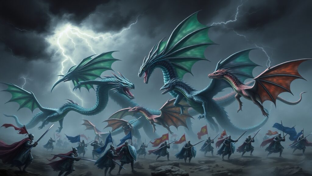 Dragons vs. Knights: Epic Battle Scene – free AI stock image