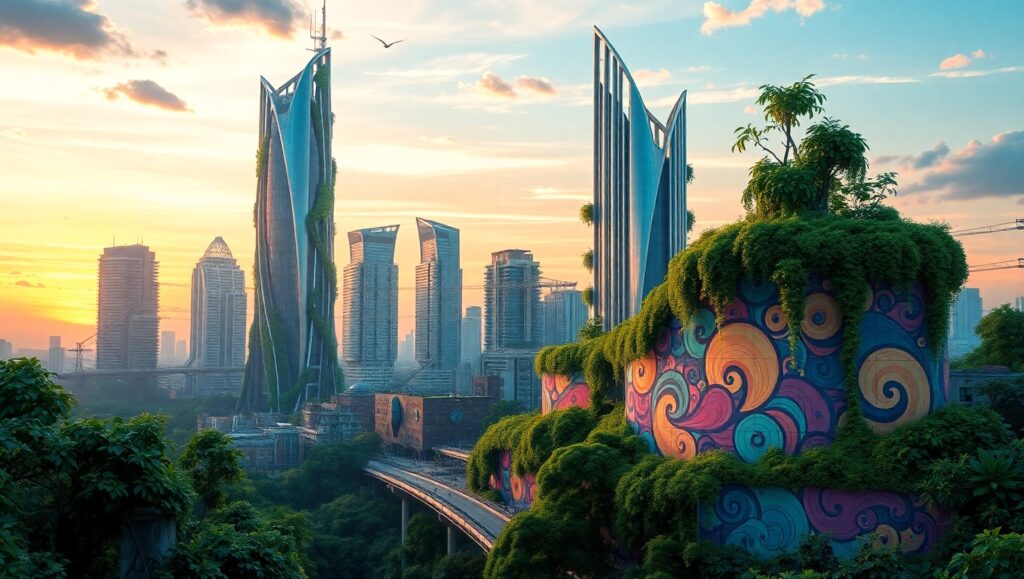 Dreamlike City with Nature and Murals – free AI stock image