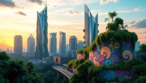 Dreamlike City with Nature and Murals – free AI stock image