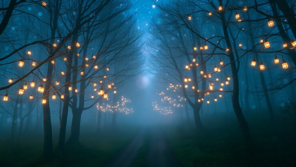 Dreamy Forest Path with Bokeh Lights – free AI stock image