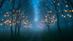 Dreamy Forest Path with Bokeh Lights – free AI stock image