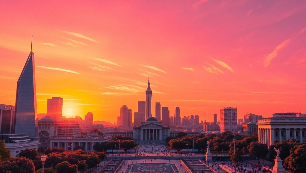 Duotone City Skyline at Sunset – free AI stock image