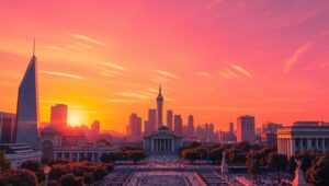 Duotone City Skyline at Sunset – free AI stock image
