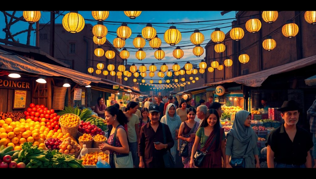 Dusk at the Vibrant Market BbD – free AI stock image