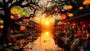 Dusk Glow in a Vibrant Village – free AI stock image