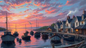 Dusk in a Coastal Village – free AI stock image