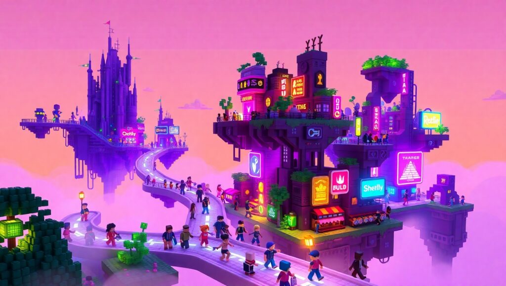 Dusk in a Floating Voxel City – free AI stock image