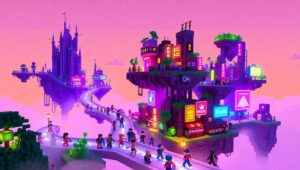 Dusk in a Floating Voxel City – free AI stock image