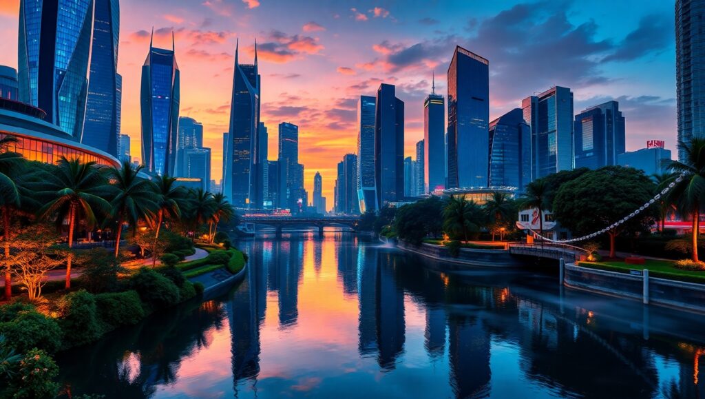 Dusk in a Futuristic City 20P – free AI stock image
