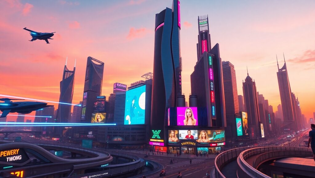 Dusk in a Futuristic Cityscape – free AI stock image