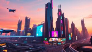 Dusk in a Futuristic Cityscape – free AI stock image