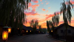 Dusk in a Lantern-Lit Village – free AI stock image