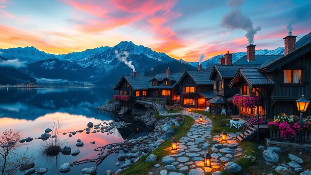 Dusk in a Mountain Village nVK – free AI stock image