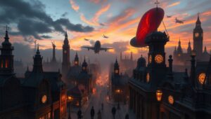 Dusk in a Steampunk City tgA – free AI stock image