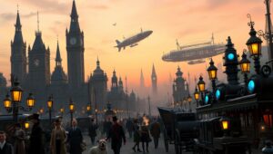 Dusk in a Steampunk Cityscape 4DM – free AI stock image