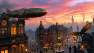 Dusk in a Steampunk Metropolis – free AI stock image