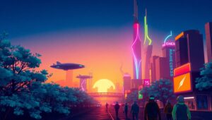 Dusk in a Voxel Cityscape – free AI stock image