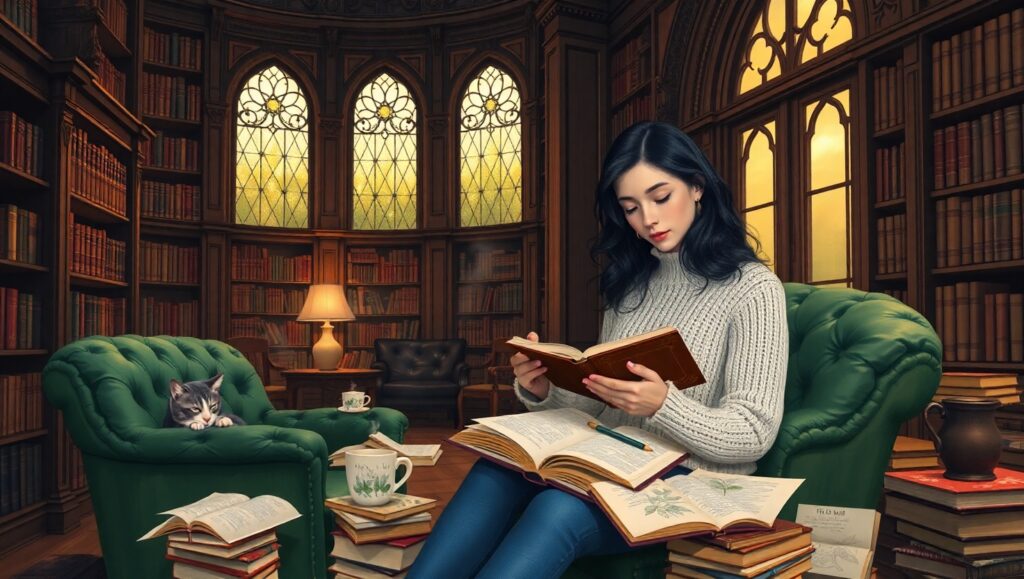 Dusk in the Enchanted Library – free AI stock image