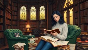 Dusk in the Enchanted Library – free AI stock image