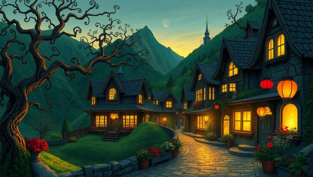 Dusk in the Mountain Village – free AI stock image