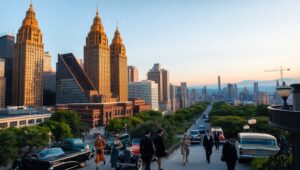 Dusk Over a Bronze Cityscape – free AI stock image