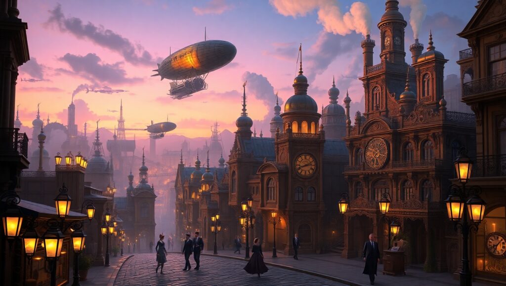 Dusk Over a Steampunk City – free AI stock image