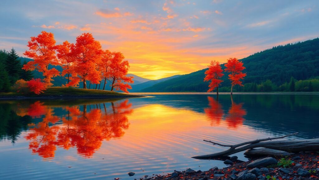 Dusk Reflections by the Lakeside – free AI stock image