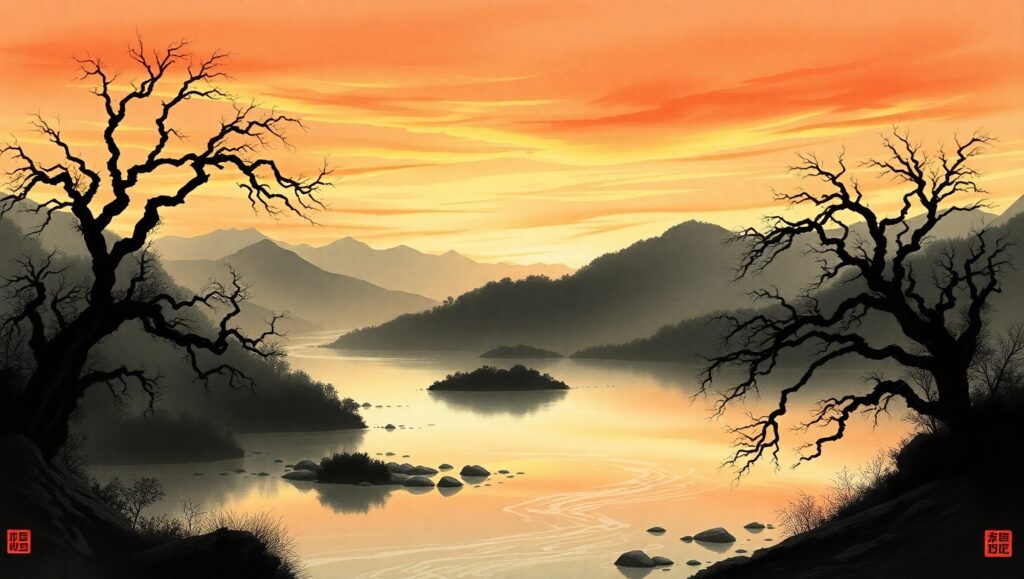 Dusk Serenity Over Mountain River – free AI stock image