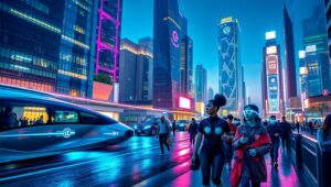 Dynamic Futuristic Cityscape in Motion – free AI stock image